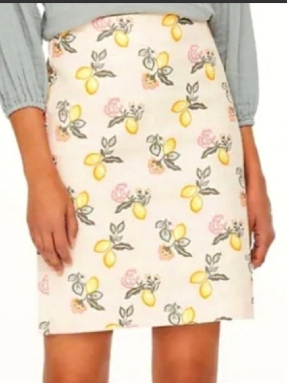 LOFT Cream Pencil Skirt with Yellow Lemon & Pink Floral Motif